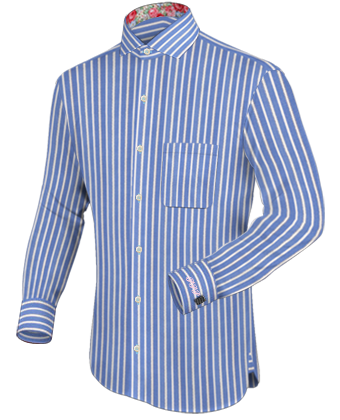 Pink Blue Stripe Mens Shirt with Italian Collar 1 Button